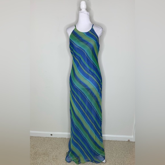 Nina Austin Blue and Green Striped Maxi Dress Silk Lined Resort Wear Sexy Back - Picture 1 of 5